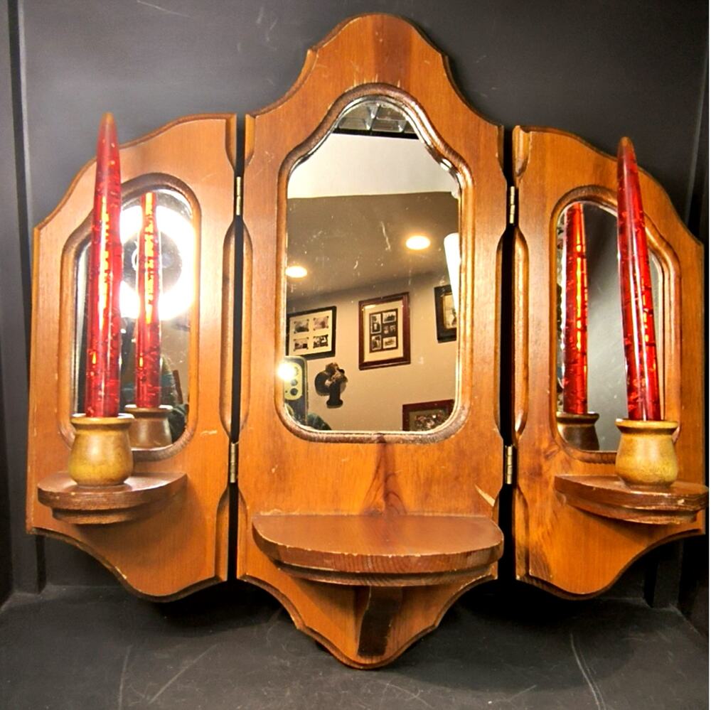 1812.  Vintage MCM Tri Fold Wooden Mirrored Sconce Shelf